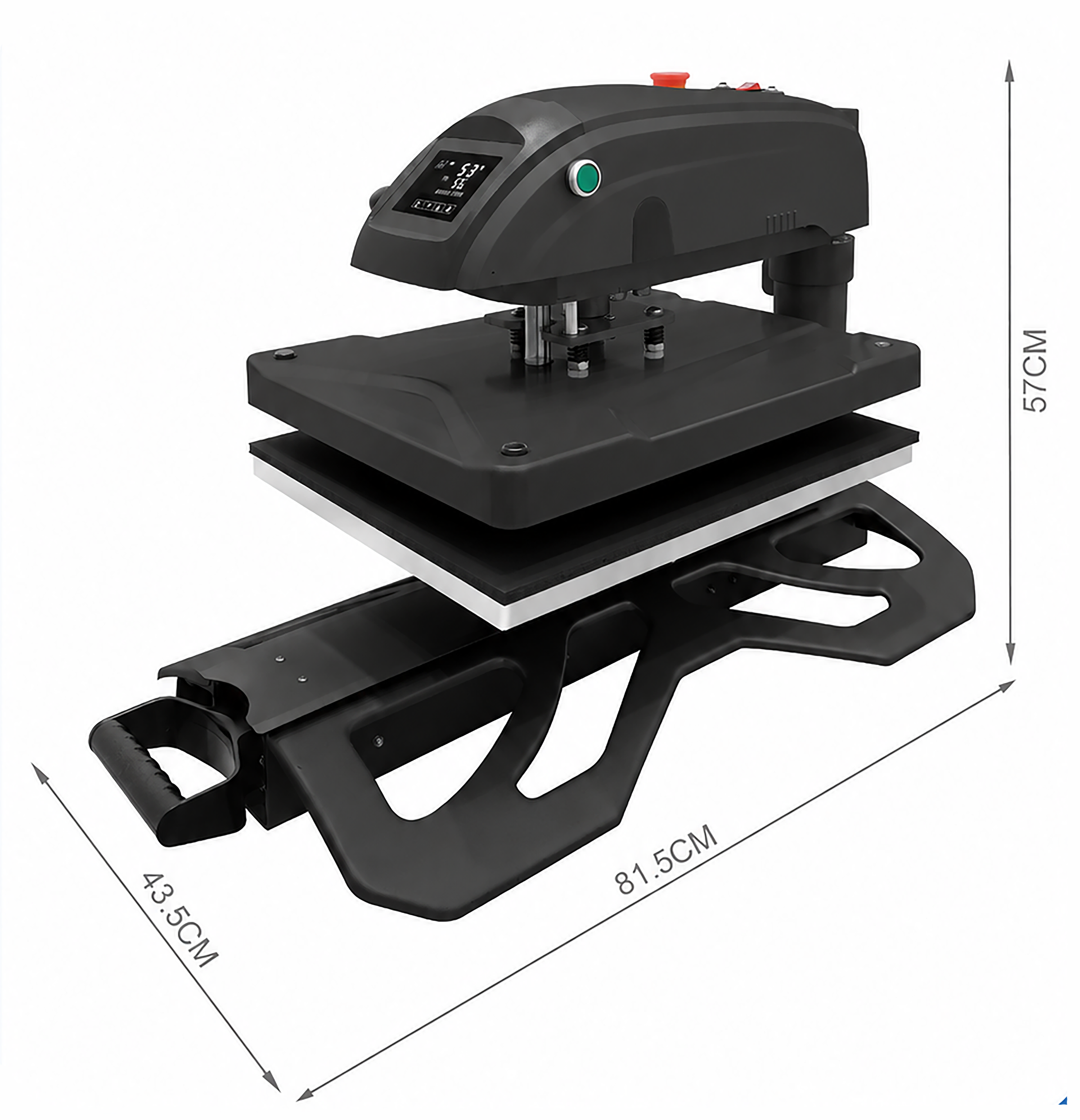 Alien Press AP1 heat press dimensions showing 81.5 centimeters length, 43.5 centimeters width, and 57 centimeters height