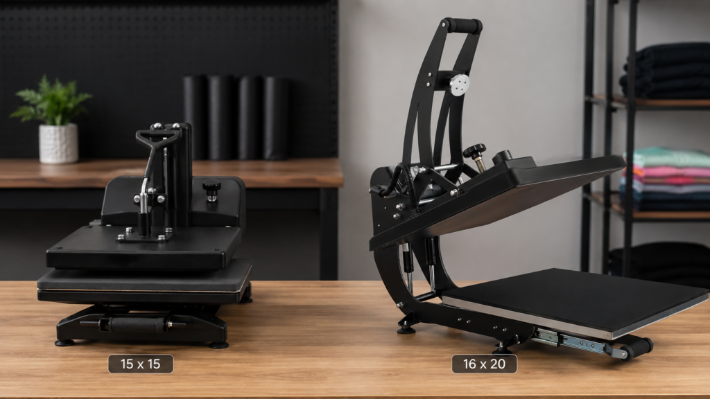 15 x 15 heat press compared side by side with a 16 x 20 Alien Press heat press