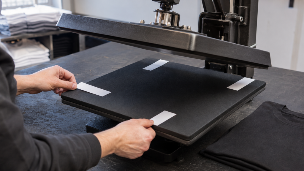 Print operator placing paper test strips around a heat press platen to check for even pressure before production.