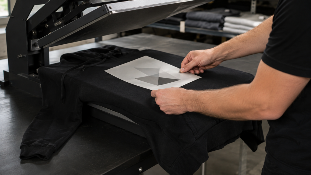 Print operator positioning a transfer on a black pullover hoodie loaded over a heat press platen with the pocket and sleeves outside the pressing area.