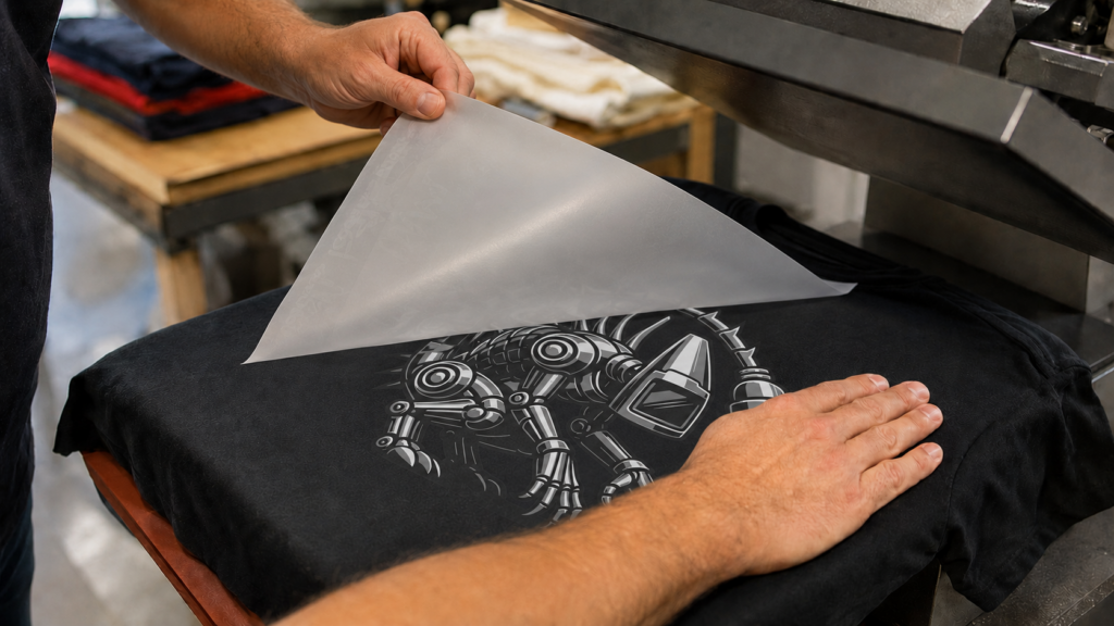 Print operator peeling clear carrier film at a low angle from a full-color DTF transfer applied to a black T-shirt.